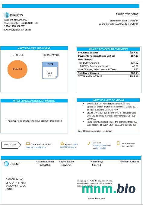 Usa California Directv rachunek za usługi komunalne szablon w formacie Word i PDF, dobre dla adresu udowodnić
